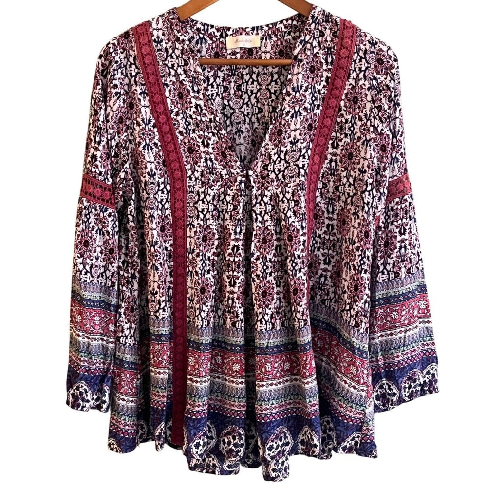 Altar'd State Peasant Babydoll Boho Maroon Floral Lace Pull‎ Over Blouse Small